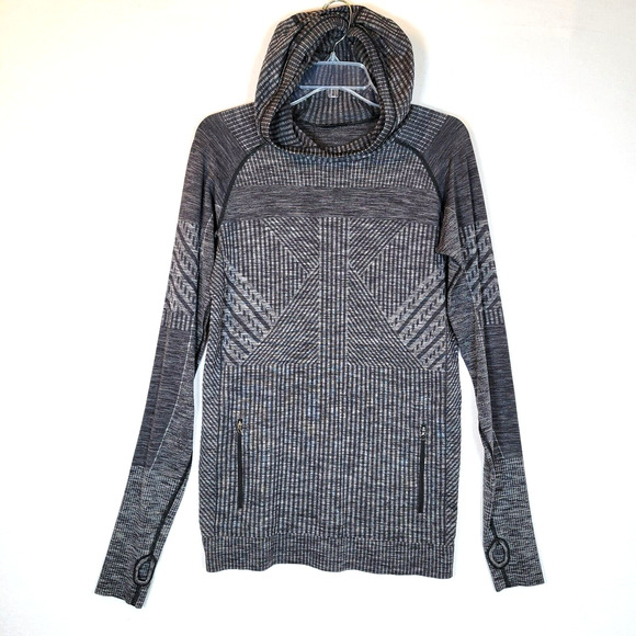 lululemon athletica Tops - Lululemon Womens Rest Less Pullover Pocket Hoodie Size Medium Gray Striped Yoga